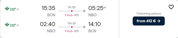 Cheap flights from Spanish cities to Nairobi, Kenya from only €412 roundtrip. Flight deal ticket image.