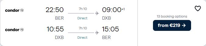 Non-stop flights from Berlin, Germany to Dubai, UAE for only €219 roundtrip. Flight deal ticket image.