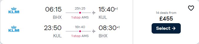 Cheap flights from UK cities to Kuala Lumpur, Malaysia from only £455 roundtrip with KLM. Flight deal ticket image.