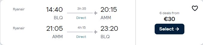 Non-stop flights from Italian cities to Amman, Jordan from only €30 roundtrip. Flight deal ticket image.