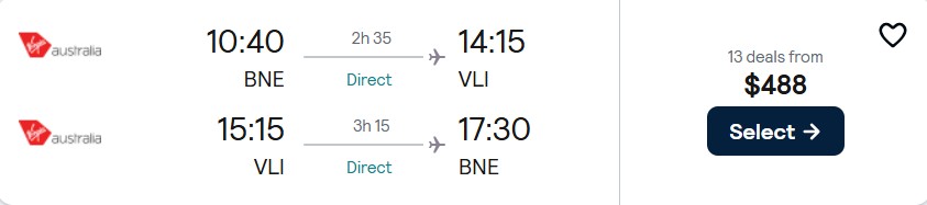 Click here to book this cheap flight deal. Non-stop flights from Brisbane, Australia to Vanuatu for only $488 AUD roundtrip with Virgin Australia. Flight deal ticket image.