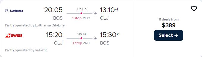 Click here to book this cheap flight deal. Cheap flights from Boston to Cluj, Romania for only $389 roundtrip with Lufthansa and Swiss International Air Lines. Flight deal ticket image.