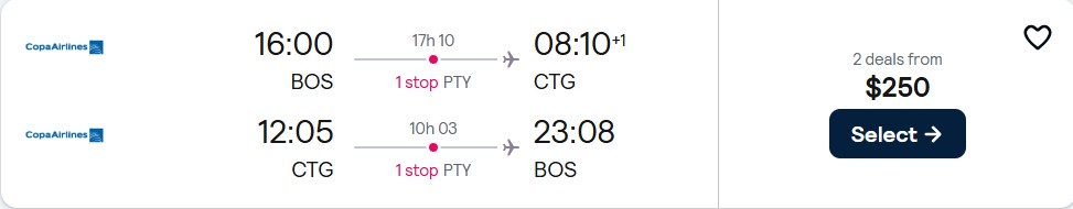 Cheap flights from Boston to Cartagena, Colombia for only $250 roundtrip with Copa Airlines. Flight deal ticket image.