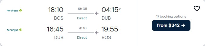 Click here to book this cheap flight deal. Non-stop flights from Boston or New York to Dublin, Ireland for only $342 roundtrip with Aer Lingus. Flight deal ticket image.
