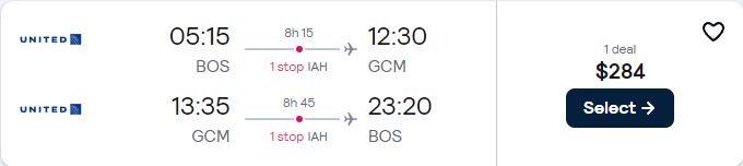 Summer flights from Boston to the Cayman Islands for only $284 roundtrip with United Airlines. Flight deal ticket image.