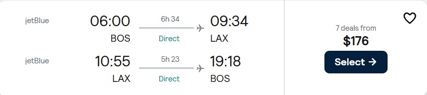 Non-stop flights from Boston to Los Angeles for only $176 roundtrip with JetBlue. Also works in reverse. Flight deal ticket image.