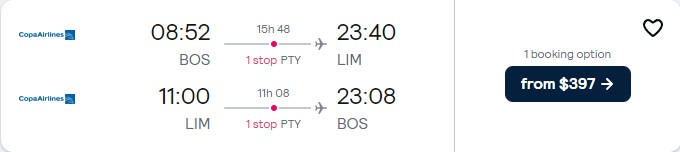 Cheap flights from Boston to Lima, Peru for only $397 roundtrip with Copa Airlines. Flight deal ticket image.