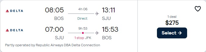 Cheap flights from Boston to San Juan, Puerto Rico for only $275 roundtrip with Delta Air Lines. Flight deal ticket image.