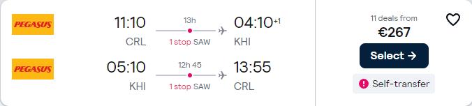 Click here to book this cheap flight deal. Cheap flights from European cities to Karachi, Pakistan from only €267 roundtrip. Flight deal ticket image.