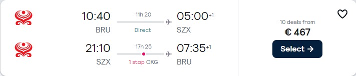 Cheap flights from Brussels, Belgium to Shenzhen or Chongqing, China from only €467 roundtrip with Hainan Airlines. Flight deal ticket image.