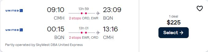 Cheap flights from Columbus, Ohio to Aguadilla, Puerto Rico for only $225 roundtrip with United Airlines. Flight deal ticket image.