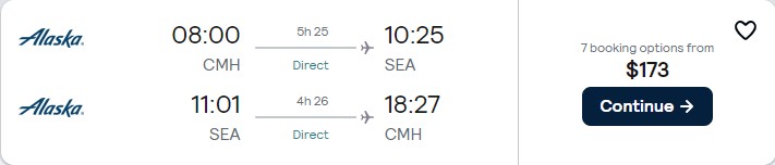 Non-stop flights from Columbus, Ohio to Seattle for only $173 roundtrip with Alaska Airlines. Also works in reverse. Flight deal ticket image.