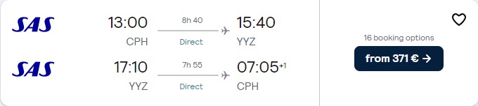 Non-stop flights from Copenhagen, Denmark to Toronto, Canada for only €371 roundtrip with Scandinavian Airlines. Flight deal ticket image.