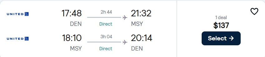 Non-stop flights from Denver, Colorado to New Orleans for only $137 roundtrip with United Airlines. Also works in reverse. Flight deal ticket image.