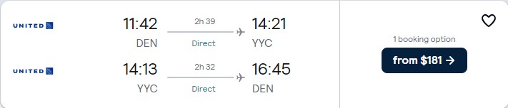 Non-stop flights from Denver, Colorado to Calgary, Canada for only $181 roundtrip with United Airlines. Flight deal ticket image.
