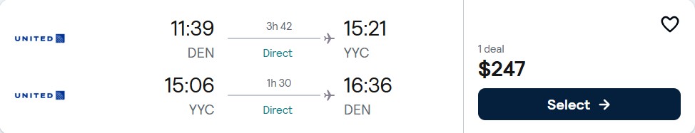 Click here to book this cheap flight deal. Non-stop flights from Denver, Colorado to Calgary, Canada for only $247 roundtrip with United Airlines. Flight deal ticket image.