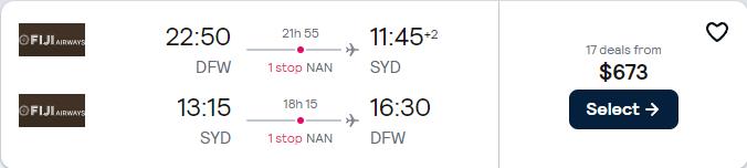 Click here to book this cheap flight deal. Summer flights from Dallas, Texas to Sydney, Australia for only $673 roundtrip with Fiji Airways. Flight deal ticket image.