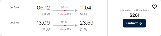 Click here to book this cheap flight deal. Summer flights from Detroit to Montego Bay, Jamaica for only $261 roundtrip with JetBlue. Flight deal ticket image.