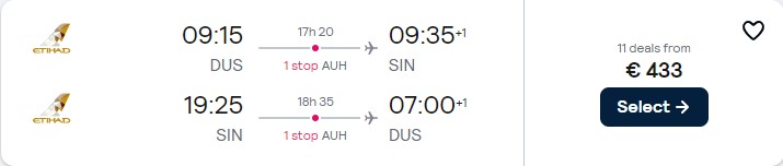 Cheap flights from Dusseldorf, Germany to Singapore for only €433 roundtrip with Etihad Airways. Flight deal ticket image.