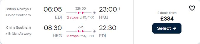 Cheap flights from Edinburgh, Scotland to Hong Kong for only £384 roundtrip with British Airways. Flight deal ticket image.