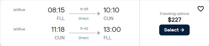 Non-stop flights from Fort Lauderdale to Cancun, Mexico for only $227 roundtrip with JetBlue. Flight deal ticket image.