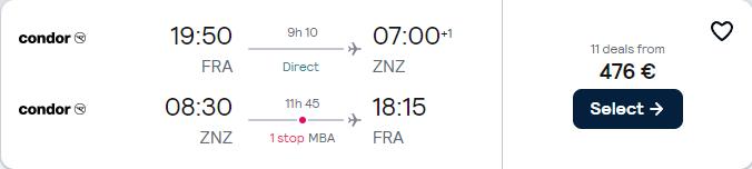 Click here to book this cheap flight deal. Cheap flights from Frankfurt, Germany to Zanzibar, Tanzania for only €476 roundtrip. Flight deal ticket image.