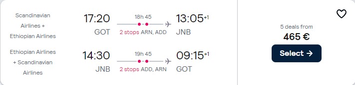 Click here to book this cheap flight deal. Cheap flights from Gothenburg, Sweden to Johannesburg, South Africa for only €465 roundtrip with Scandinavian Airlines. Flight deal ticket image.