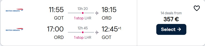 Click here to book this cheap flight deal. Cheap flights from Gothenburg, Sweden to Chicago, USA for only €357 roundtrip with British Airways. Flight deal ticket image.