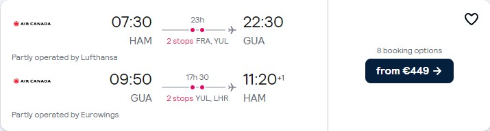 Click here to book this cheap flight deal. Cheap flights from German cities to Guatemala City, Guatemala from only €449 roundtrip with Lufthansa and Air Canada. Flight deal ticket image.
