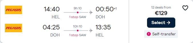 Cheap flights from Helsinki, Finland to Doha, Qatar for only €129 roundtrip. Flight deal ticket image.