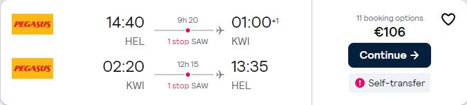 Cheap flights from Helsinki, Finland to Kuwait City, Kuwait for only €106 roundtrip. Flight deal ticket image.