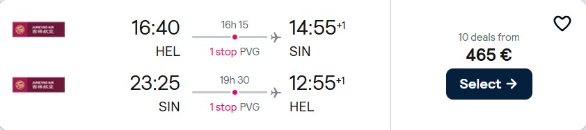 Cheap flights from Helsinki, Finland to Singapore for only €465 roundtrip. Flight deal ticket image.
