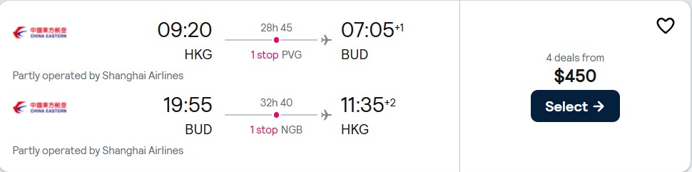 Click here to book this cheap flight deal. Cheap flights from Hong Kong to Budapest, Hungary for only $450 USD roundtrip. Flight deal ticket image.