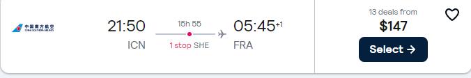 Cheap flights from Seoul, South Korea to Frankfurt, Germany for only $147 USD one-way. Flight deal ticket image.