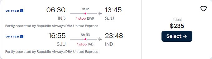 Cheap flights from Indianapolis to San Juan, Puerto Rico for only $235 roundtrip with United Airlines. Flight deal ticket image.