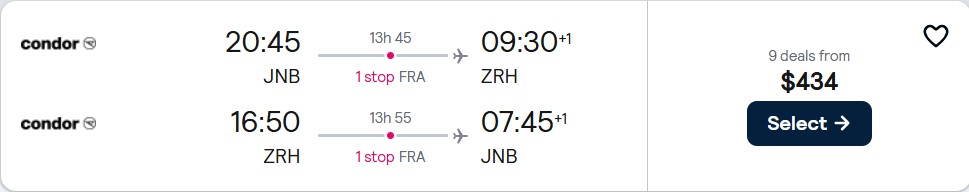 Click here to book this cheap flight deal. Cheap flights from Johannesburg, South Africa to Zurich, Switzerland for only $434 USD roundtrip. Flight deal ticket image.