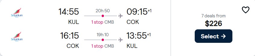 Cheap flights from Kuala Lumpur, Malaysia to Kochi, India for only $226 USD roundtrip with SriLankan Airlines. Flight deal ticket image.