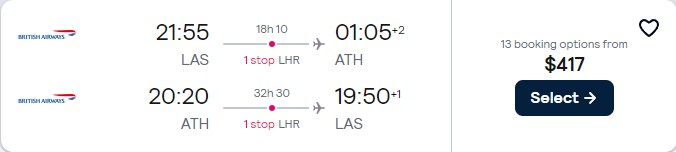 Cheap flights from Western USA to Athens, Greece for only $417 roundtrip with British Airways. Flight deal ticket image.