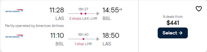 Click here to book this cheap flight deal. Cheap flights from Las Vegas to Basel, Switzerland for only $441 roundtrip with American Airlines and British Airways. Flight deal ticket image.
