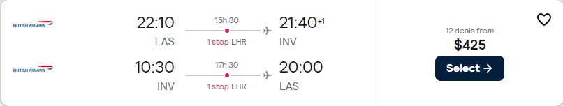 Summer flights from Las Vegas to Inverness, Scotland for only $425 roundtrip with British Airways. Flight deal ticket image.