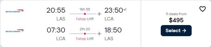 Cheap flights from Las Vegas to Larnaca, Cyprus for only $495 roundtrip with British Airways. Flight deal ticket image.