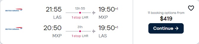 Summer flights from Western USA to Italian cities from only $419 roundtrip with British Airways. Flight deal ticket image.
