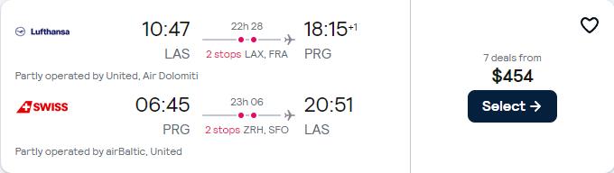 Click here to book this cheap flight deal. Cheap flights from Western USA to Prague, Czech Republic from only $454 roundtrip with United Airlines, Lufthansa and Swiss International Air Lines. Flight deal ticket image.