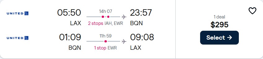 Cheap flights from Los Angeles to Aguadilla, Puerto Rico for only $295 roundtrip with United Airlines. Flight deal ticket image.