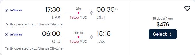 Click here to book this cheap flight deal. Cheap flights from Los Angeles to Cluj, Romania for only $476 roundtrip with Lufthansa. Flight deal ticket image.