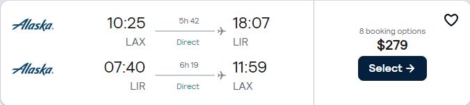 Non-stop flights from Los Angeles to Liberia, Costa Rica for only $279 roundtrip with Alaska Airlines. Flight deal ticket image.