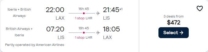 Click here to book this cheap flight deal. Cheap flights from Western USA to Lisbon, Portugal from only $472 roundtrip with British Airways and American Airlines. Flight deal ticket image.