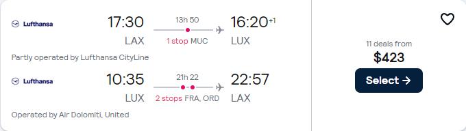 Click here to book this cheap flight deal. Cheap flights from Los Angeles to European cities from only $423 roundtrip with Lufthansa and United Airlines. Flight deal ticket image.