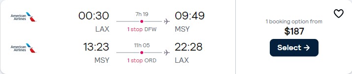 Cheap flights from Los Angeles to New Orleans for only $187 roundtrip with American Airlines. Also works in reverse. Flight deal ticket image.
