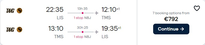 Business Class flights from Lisbon, Portugal to Sao Tome and Principe for only €792 roundtrip. Flight deal ticket image.